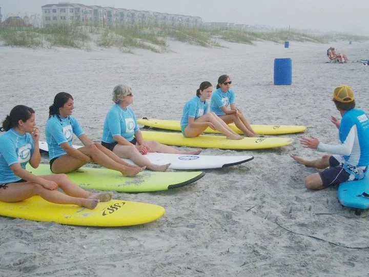 Surf lesson group on the beach with yellow boards